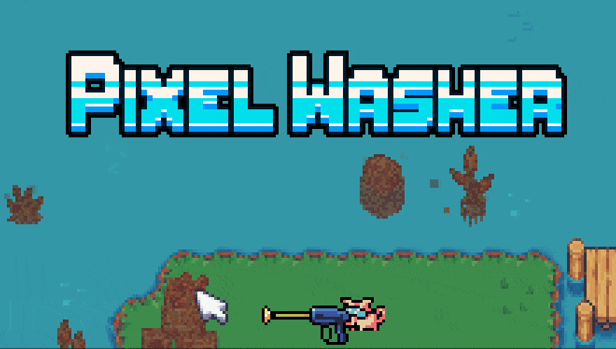 Pigxel the pig power washing an outdoors level next to the title PIXEL WASHER.